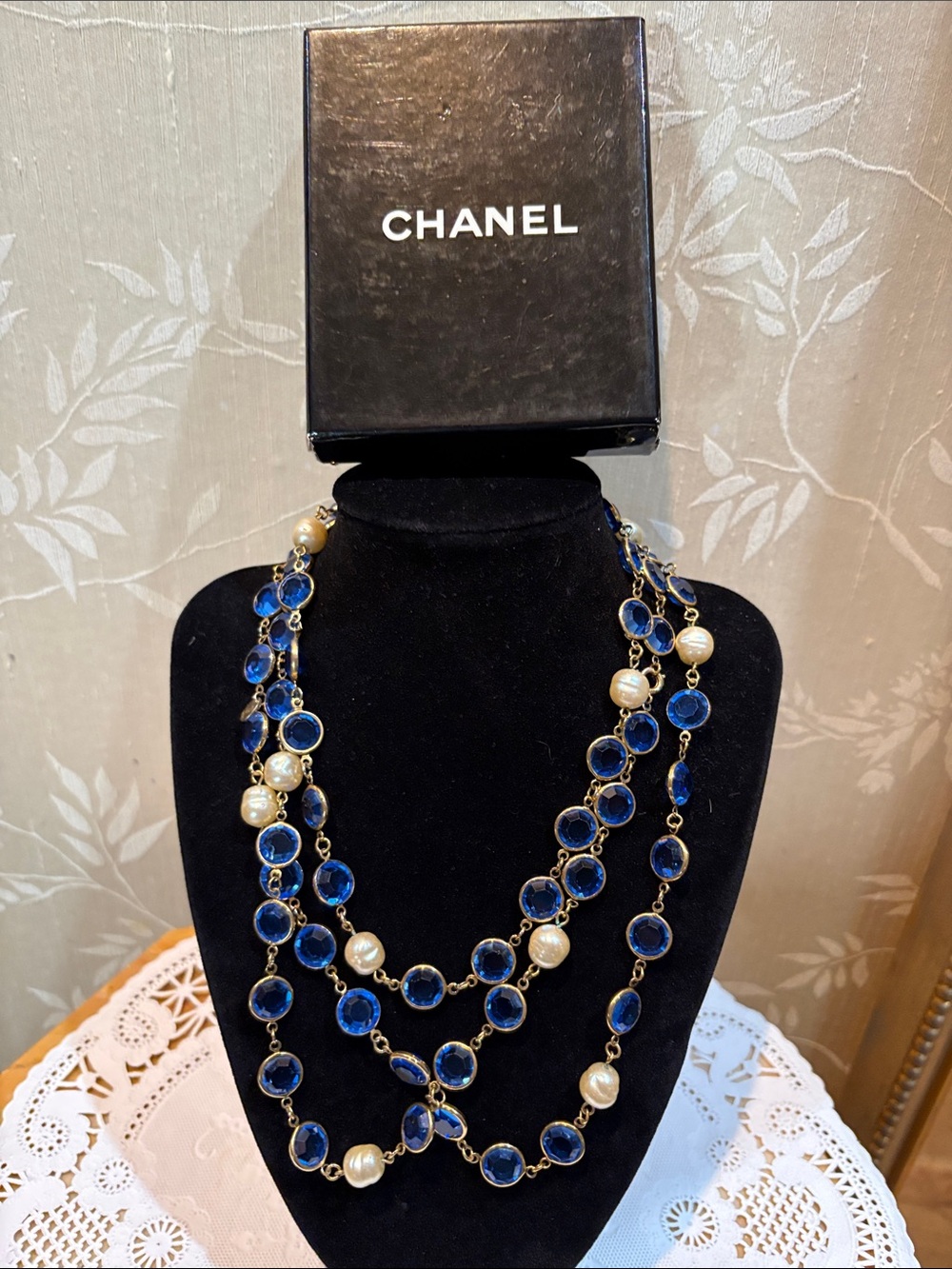 Unique CHANEL 1981 Vintage Long Layered Faux Pearl and Blue Crystal Necklace